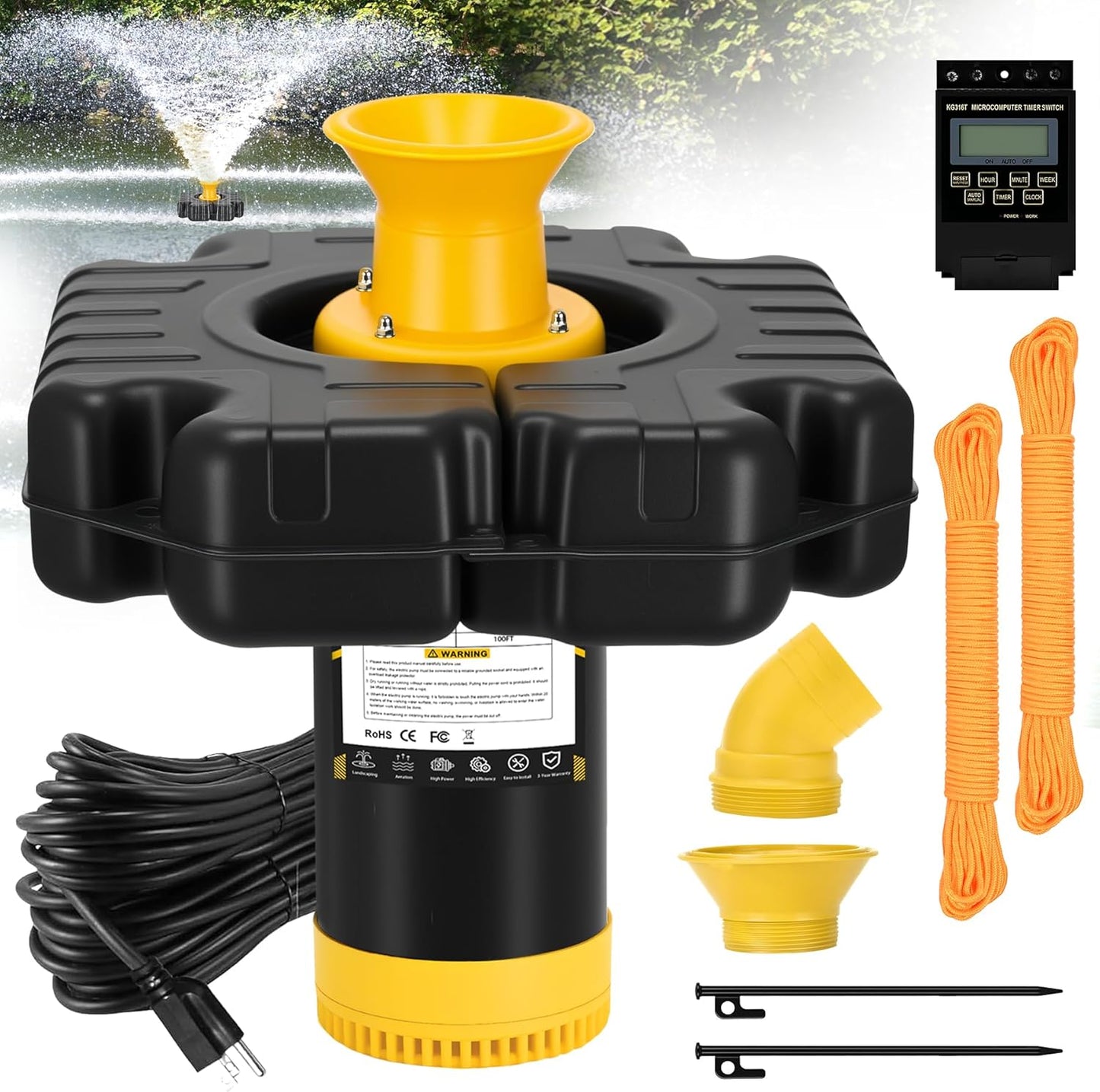 Pond Fountain Aerator, 1HP 15000 GPH Floating Aerating Fountain with Timer & 100FT Rope & Cord, Jet System for Large Outdoor Ponds & Lakes