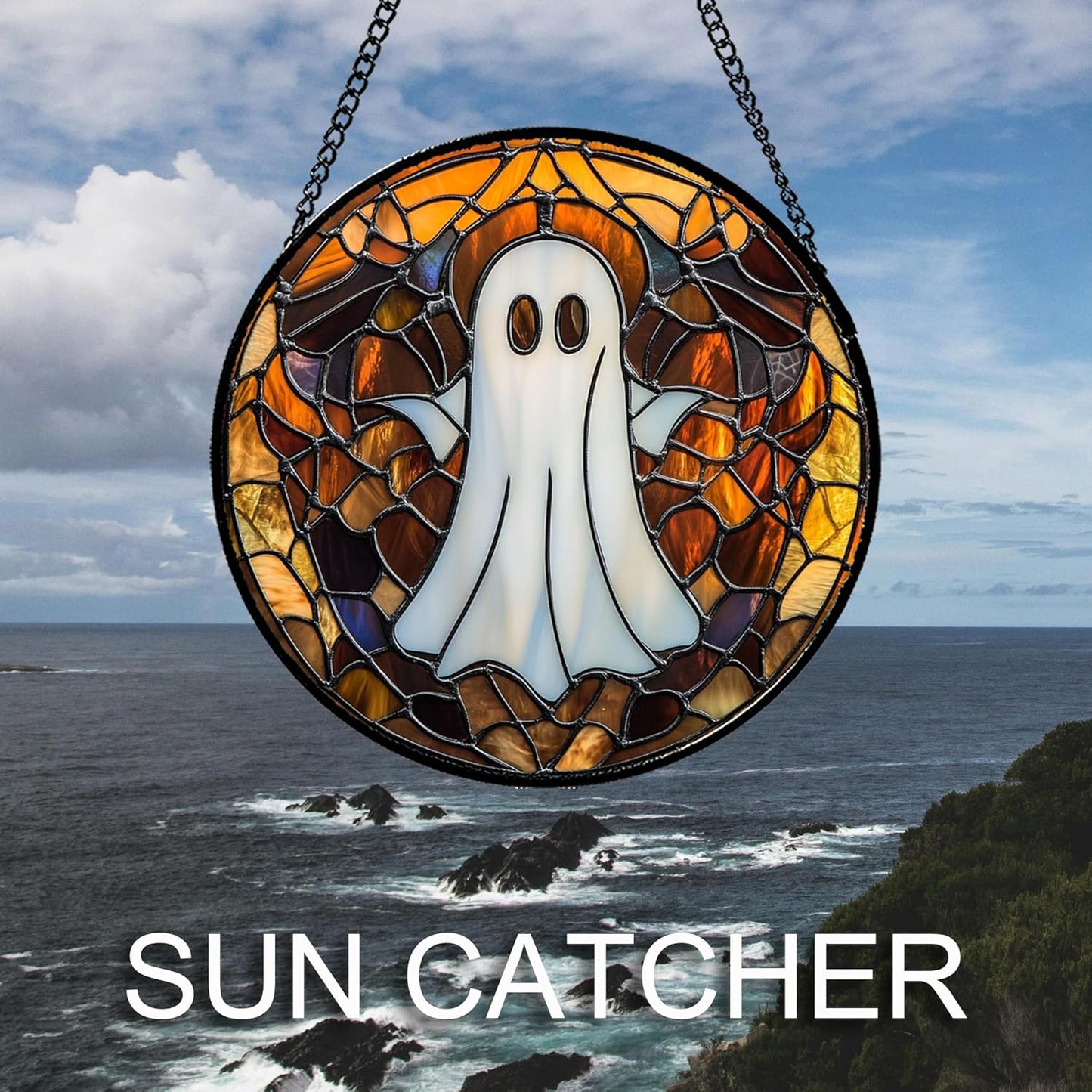 Stained Glass Window Hanging Halloween White Horror Ghost 6.3" - Suncatcher Door Garden Kitchen Sun Catcher Home Gothic Decor Birthday for Mom Men Woman Friend Grandma