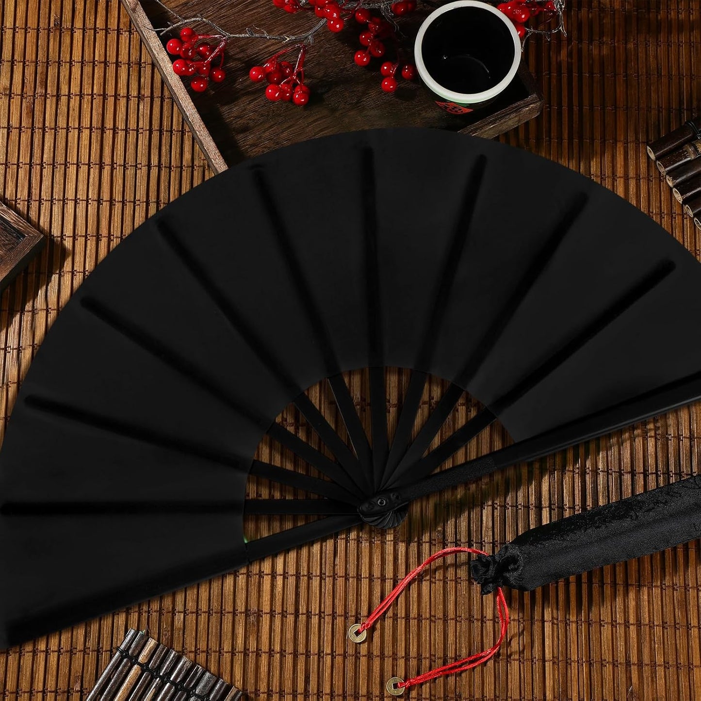 Maitys 2 Packs Large Clap Fans for Line Dancing Large Chinese Folding Hand Fans for Men and Women, Festival, Tai Ji, Kungfu, Martial Art, Gifts (Black and Red)