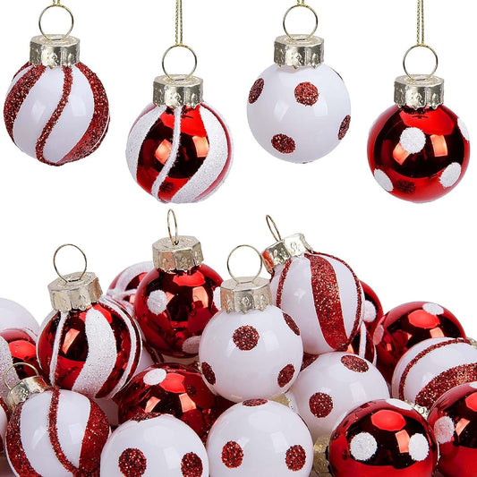 Watayo 24 Pcs Christmas Candy Balls Glass Ornaments, 1" Mini Glass Candy Balls Hanging Ornament, Sweet Red White Candies Ball Ornaments for Christmas Tree Holiday Party Decoration