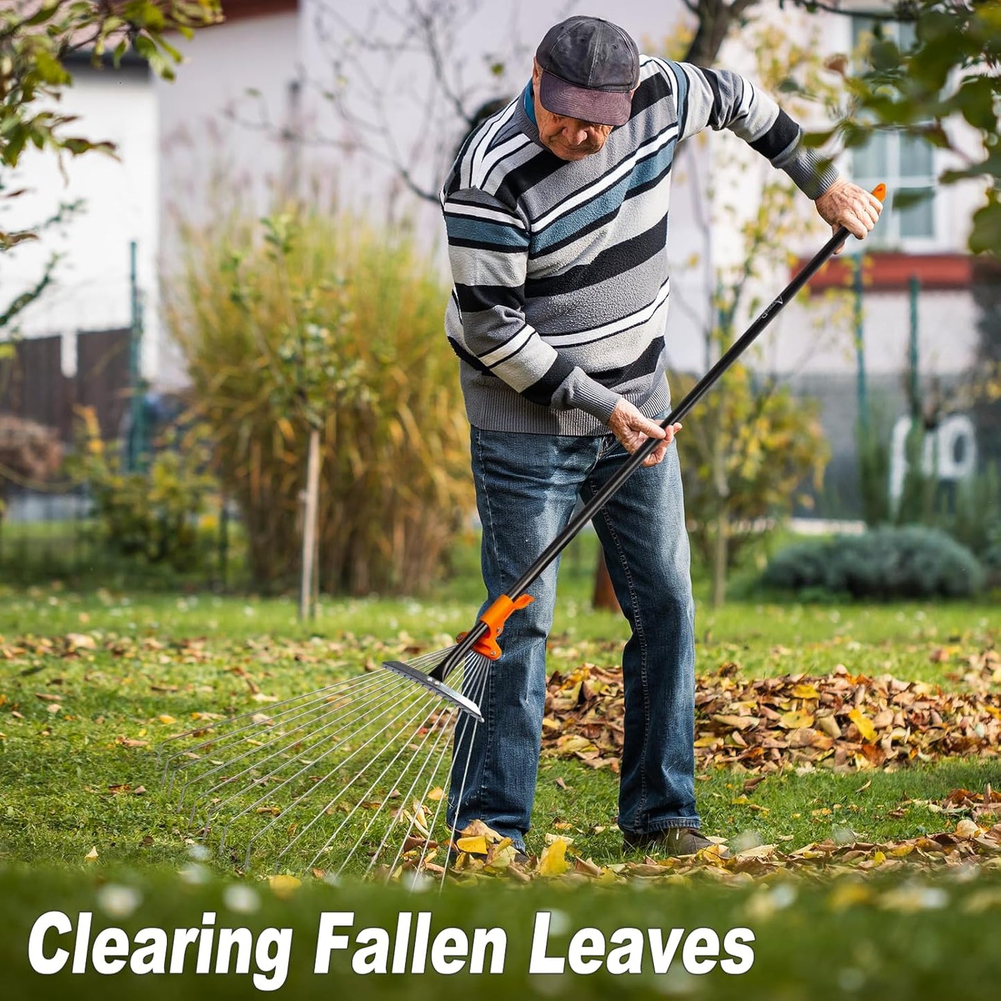 Leaf Rake for Lawns, Adjustable Garden Rake for Leaves with Long Handle, 61 Inches