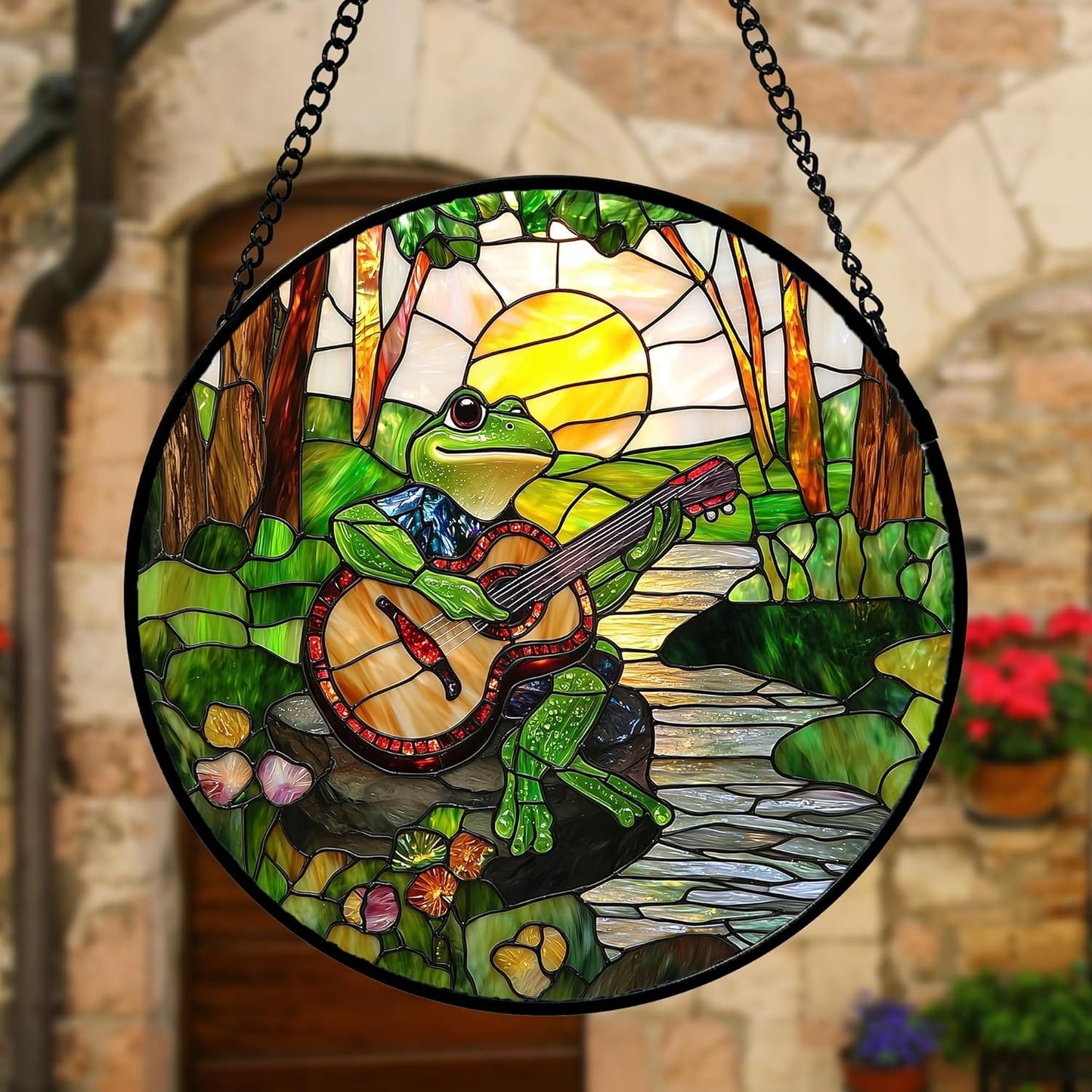 Stained Glass Window Hanging, Frog Playing Guitar Suncatcher Diamond Glass Panel Funny Sun Catchers Decor for Birthday for Women, Men, Wife, Aunt, and Mom 6.3 in