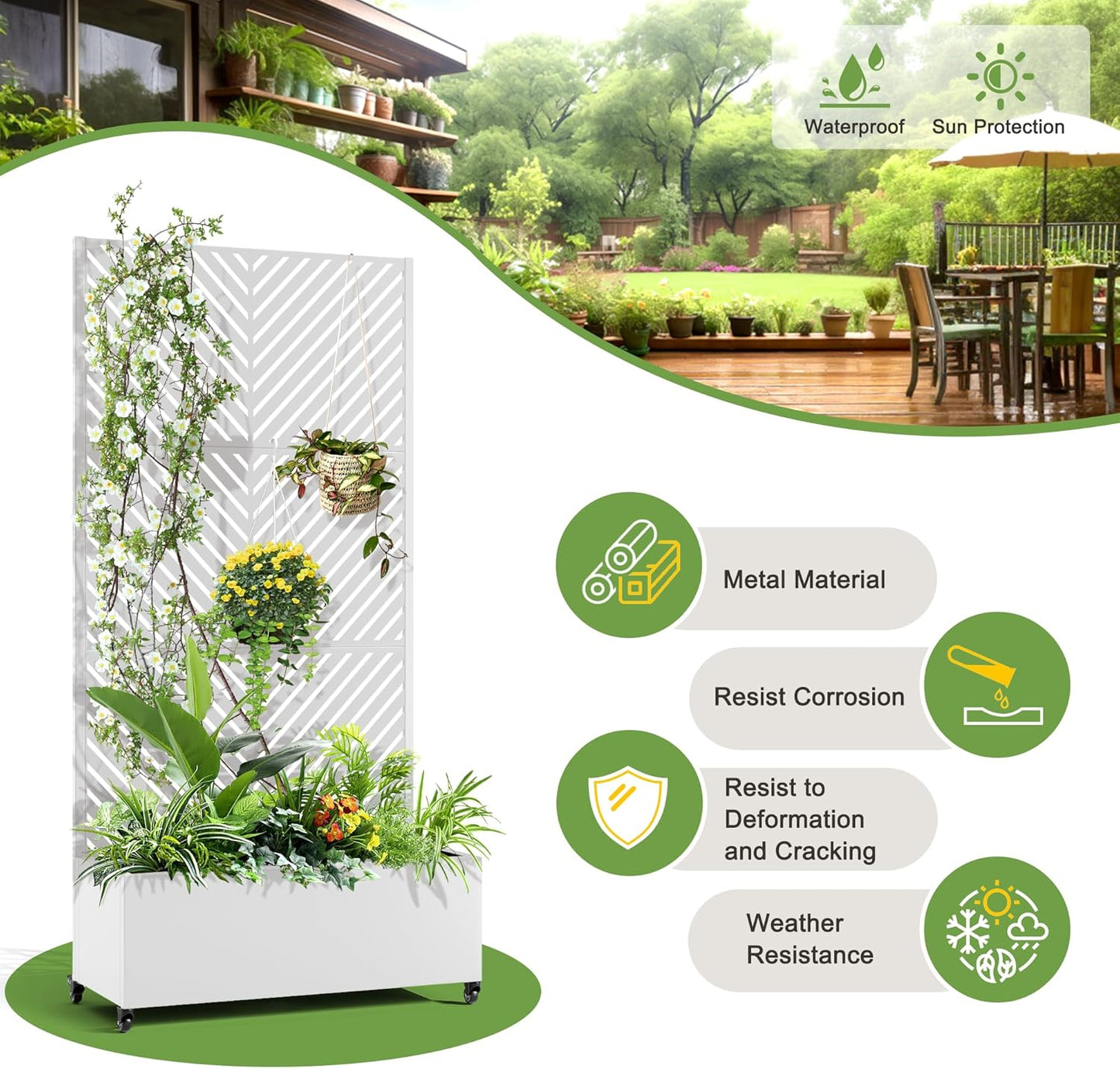 FENCY Metal Raised Garden Bed with Wheels and Trellis,73"x35"x16" Planter Box for Climbing Plants, Vegetables & Vines, Features Privacy Screen and Drainage Holes (White-Arrow)