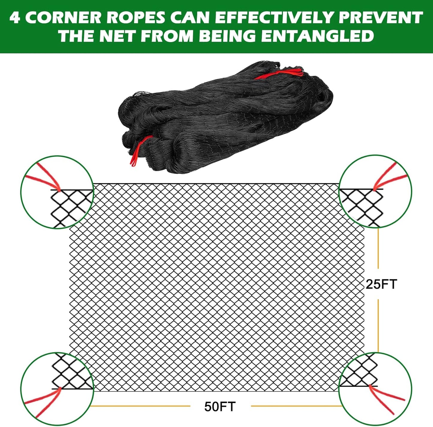 Bird Netting 25'x50' with 2" Mesh Garden Net with Bird Scare Tape, Avian Nettings for Chicken Coop Roof, Heavy Duty Nylon Nettings for Garden, Chicken Coop Netting Fruit Tree Net