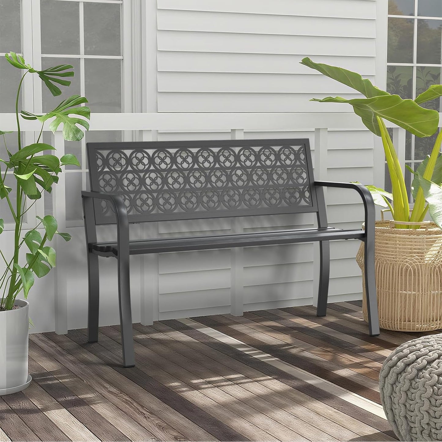 44" Heavy Duty Outdoor Bench, Wrought Iron Weatherproof Garden Bench Black Metal Patio Bench for Park Proch Yard 880lbs