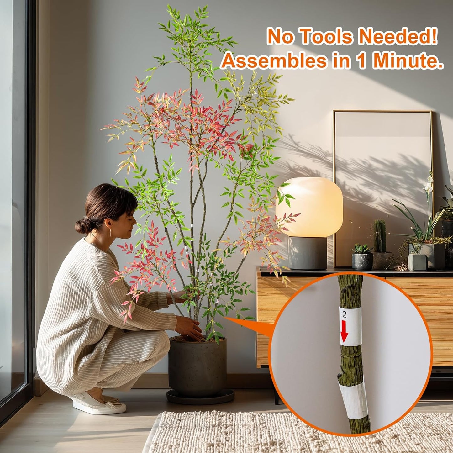 7.2ft Faux Bamboo Tree Artificial Nandina Tree Artificial Indoor Plants Realistic Fake Potted Tree with 800+ Leaves, Cement Planter - Home Office Decor Perfect for Housewarming Gift Non-Toxic