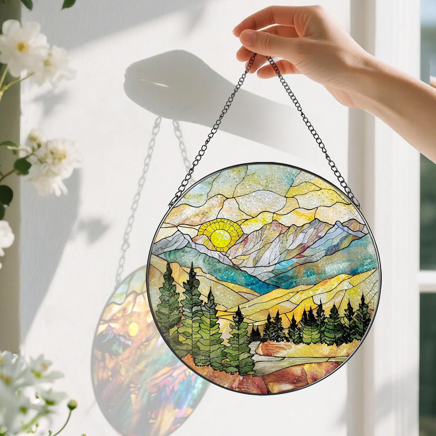 Stained Glass Window Hanging - 8 Inch Mountain Range Suncatcher for Window Doors Home Decoration, Valentine's Day Mother's Day Christmas Birthday Gifts for Women, Men, and Mom Grandma