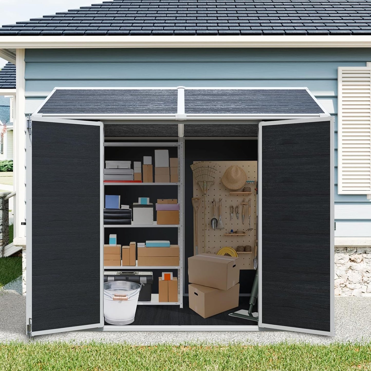 8x6 ft Outdoor Resin Storage Shed with Floor, Waterproof Plastic Garden Shed with Lockable Door and Two Windows, All-Weather Tool Sheds for Backyard, Patio, Lawn (Black)