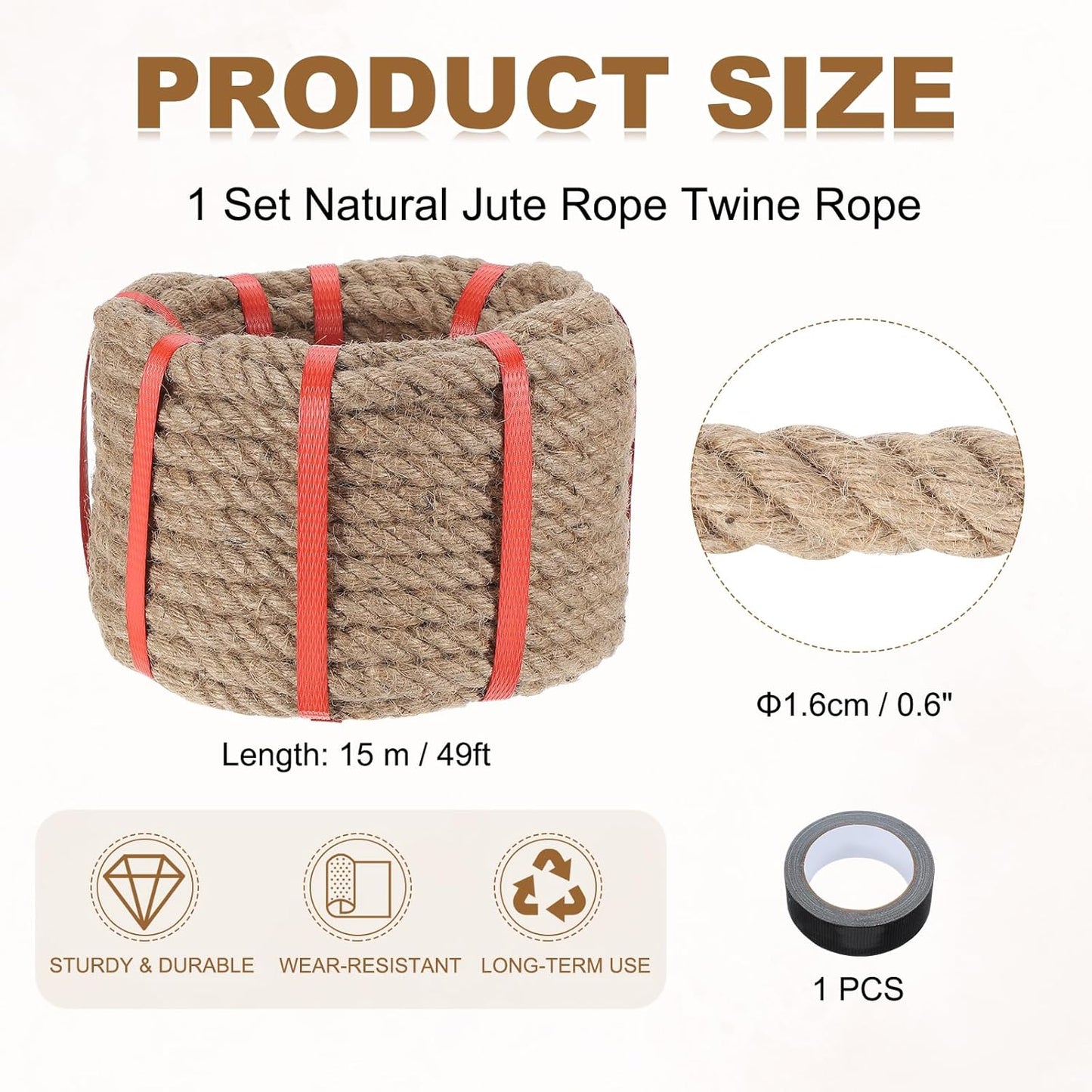 MECCANIXITY Jute Rope 0.6 Inch x 49ft, Thick Twine Rope Ropes Braided Jute Twine Natural Brown Burlap Cord String Heavy Twisted with Tape for Decorative Crafts Railing Swing Tug of War