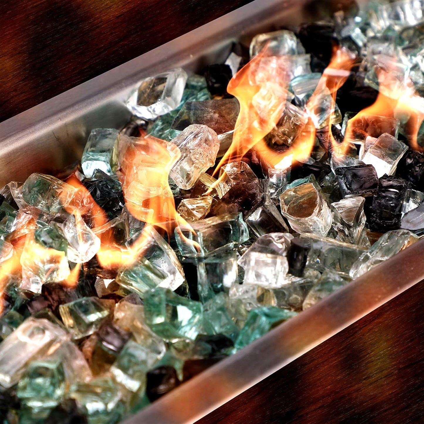 Mr. Fireglass 10 Pounds Blended Fire Glass - 1/4 Inch Mixed Colored High Luster Reflective Tempered Fireglass Rocks for Fireplace Fire Pit Table and Landscaping, Light Green+Onyx Black+Platinum