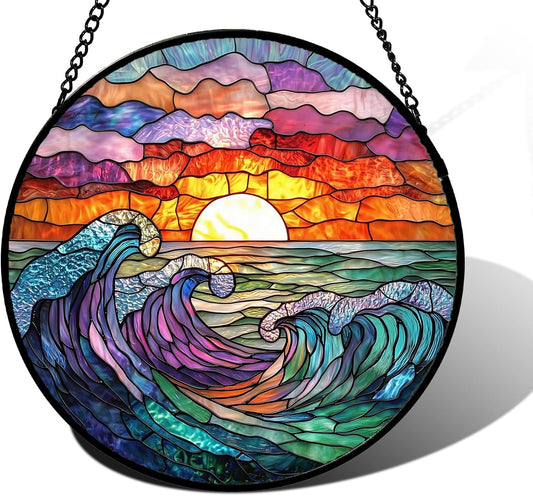 Stained Glass Window Hanging, Clouds and Sea Waves Suncatcher Diamond Glass Panel Hangings Scenery Sun Catchers Decor for Birthday for Women, Men, Wife, Aunt, and Mom 6.3 in