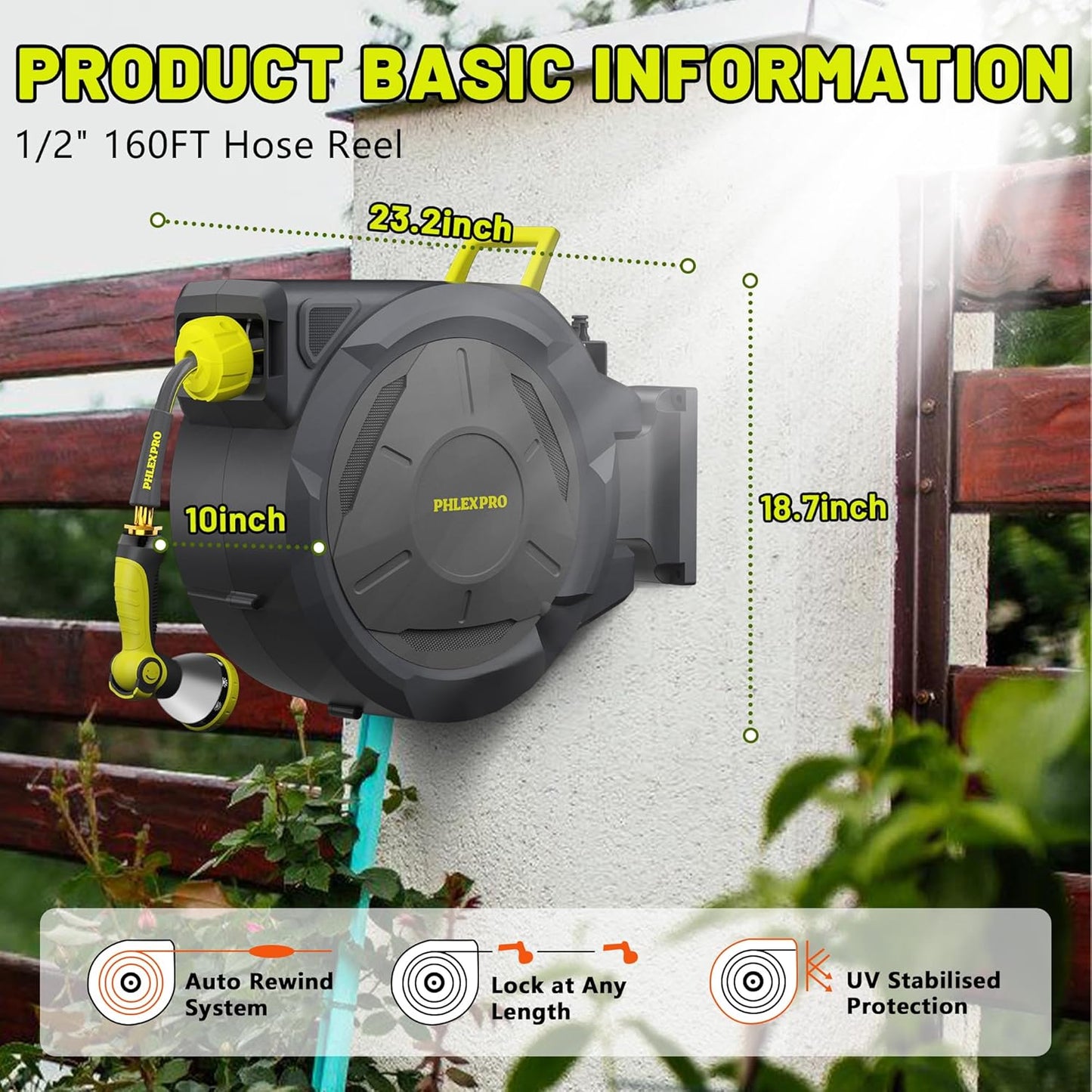 Retractable Garden Hose Reel 160Ft Extra Long, PHLEX PRO Heavy Duty Automatic Water Hose Reel Wall Mounted with 10 Pattern Nozzle, Any Length Lock, Slow Return System, 180°Swivel Bracket