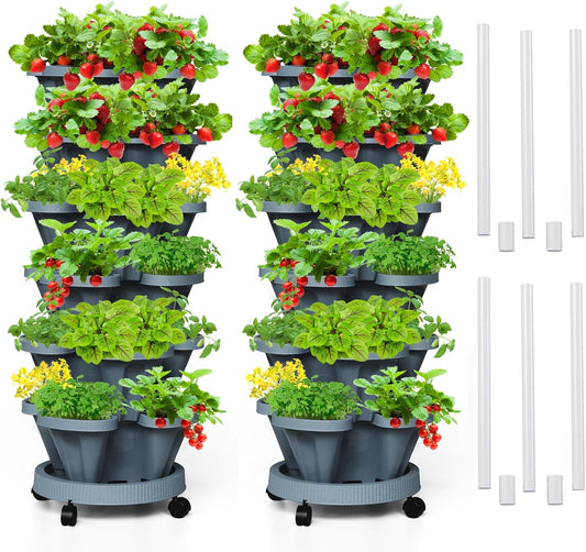 Strawberry Vertical Planter Tower Garden 2 Pack, 6 Tiered Stacking Planter with Support Pole, Stackable Herb Planter Indoor Outdoor Dark Grey