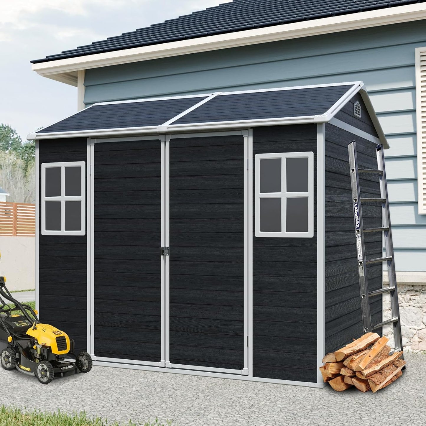 8x6 ft Outdoor Resin Storage Shed with Floor, Waterproof Plastic Garden Shed with Lockable Door and Two Windows, All-Weather Tool Sheds for Backyard, Patio, Lawn (Black)