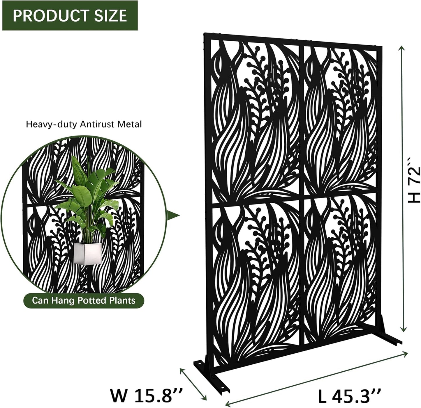 Metal Privacy Screen Outdoor W3.8Ft x H 6Ft Patio Privacy Panels Free Standing Divider Decorative for Balcony Garden Room Lawn Deck (1, Black Leaf)