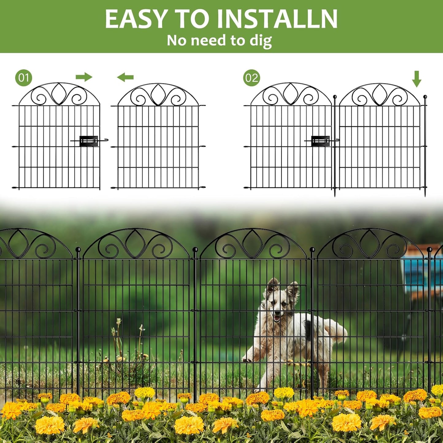 5 Panels No Dig Tall Garden Fence with Gate – 44" H X 11.8' L Rustproof Metal Dog Fence Outdoor for Yard, Decorative Animal Barrier Fence for Pet, Garden Border, Patio, Flower | Temporary Fencing