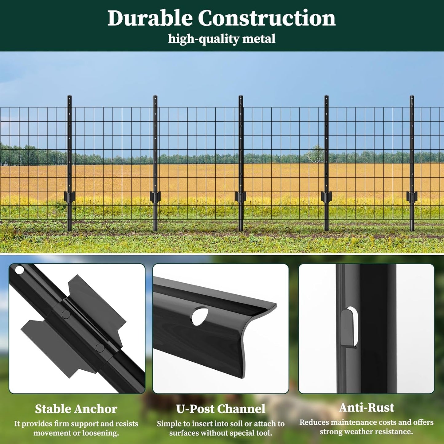 10 Pack Garden Fence Post, 4 Feet Heavy Duty Metal U-Post for Wire Fence, No Dig Garden Fence Stakes for Temporary Fencing, Electric Fence Wire, Corner Anchor, and More-Black