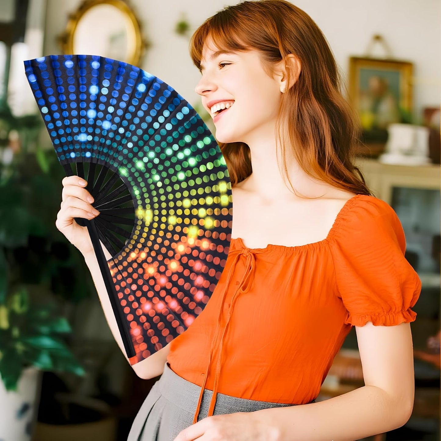 13-Inch Large Popping Fans for Line Dancing, Boots Ground Hand Fan Foldable for Women Dances, Music, Festival, Gift, Rave, Party(Polka Dots)