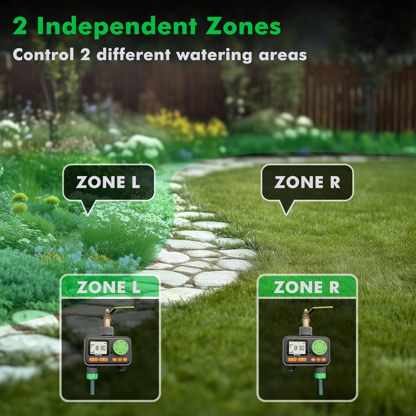RESTMO 2 Zone Sprinkler Timer, Programmable Water Timer for Garden Hose, Automatic Control | Manual ON/Off | Rain Delay for Outdoor Faucet, Drip Irrigation and Lawn Watering System