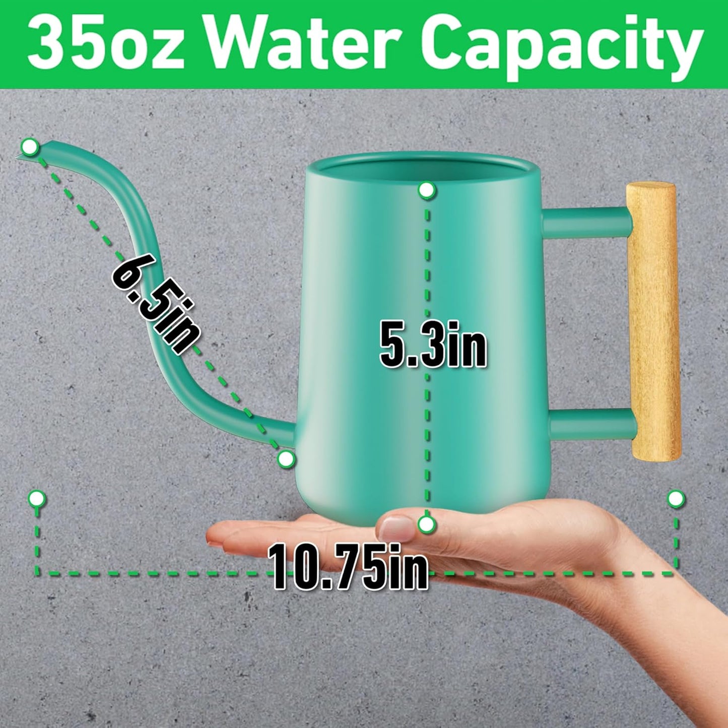 35 oz Metal Small Indoor Watering Can with Long Spout & Real Wood Handle for House Plants, Succulents, Cacti & Seedlings - Green Long Spout Watering Can Indoor Plants - Stylish, Gentle Flow, No Spills