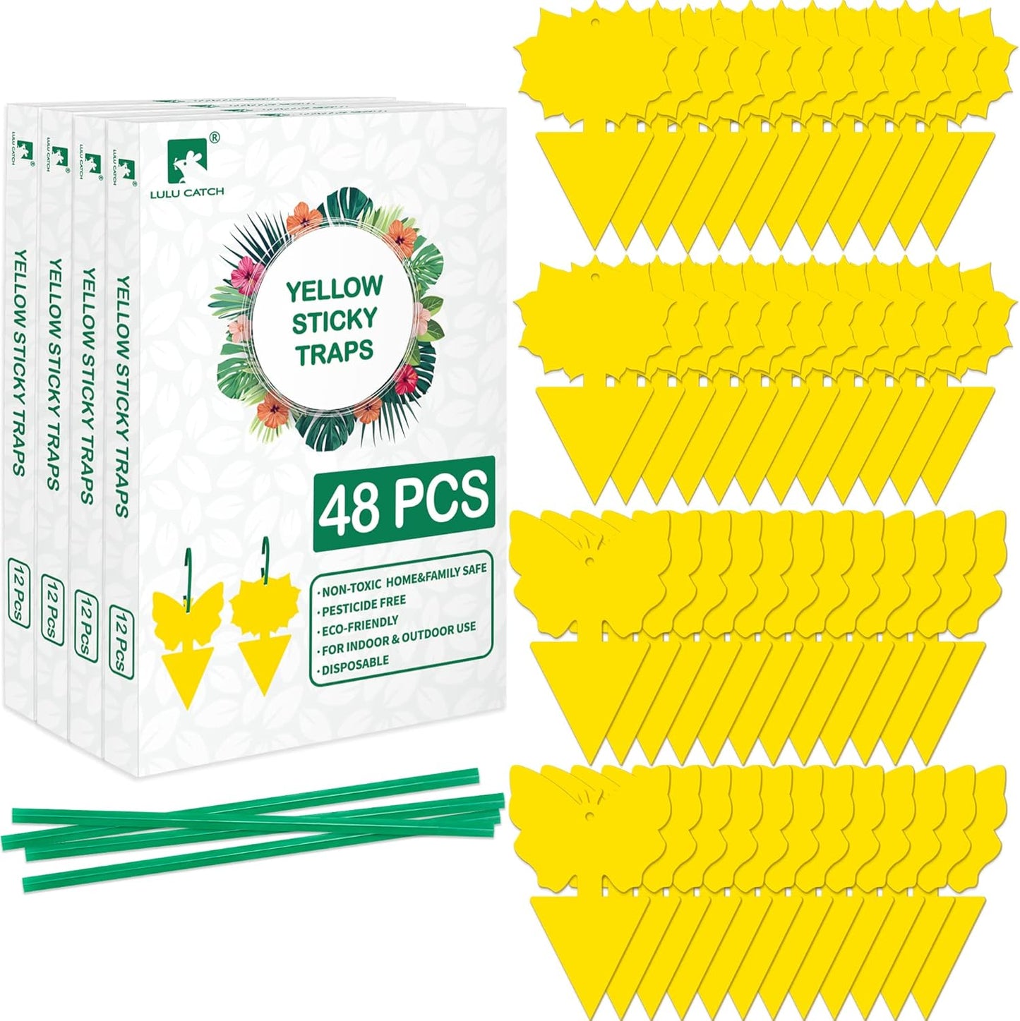 LULUCATCH Fruit Fly Sticky Trap 48 Pack, Safe Gnat Traps for Fruits, Plants, Super Sticky Fly Trap for Indoor, Outdoor, Kitchen, Insect Catcher for White Flies, Mosquitos, Fungus Gnats, Flying Insects