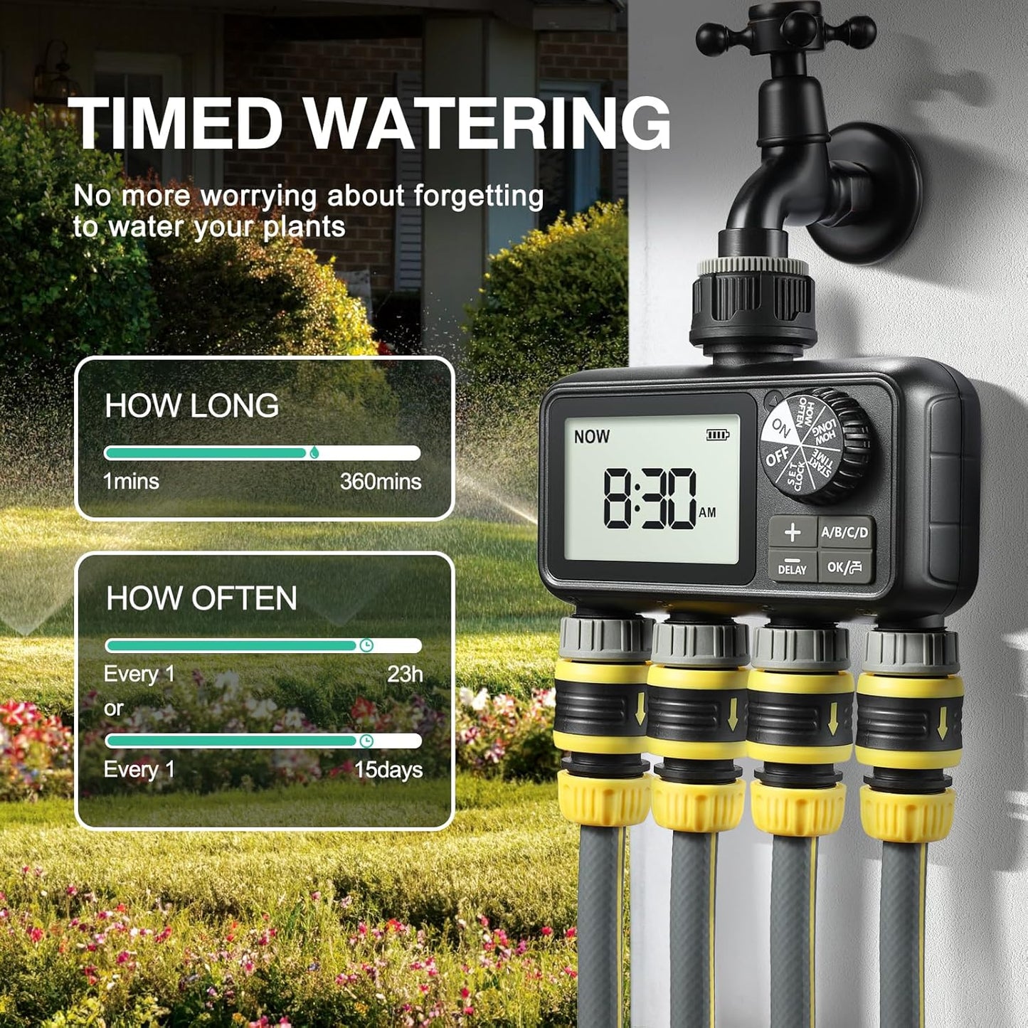 Sprinkler Timer,4 Outlets Programmable Water Timer for Garden Hose,Outdoor Hose Timers with Rain Delay/Manual/Automatic Watering System,Digital Irrigation Timers for Yard,Lawn