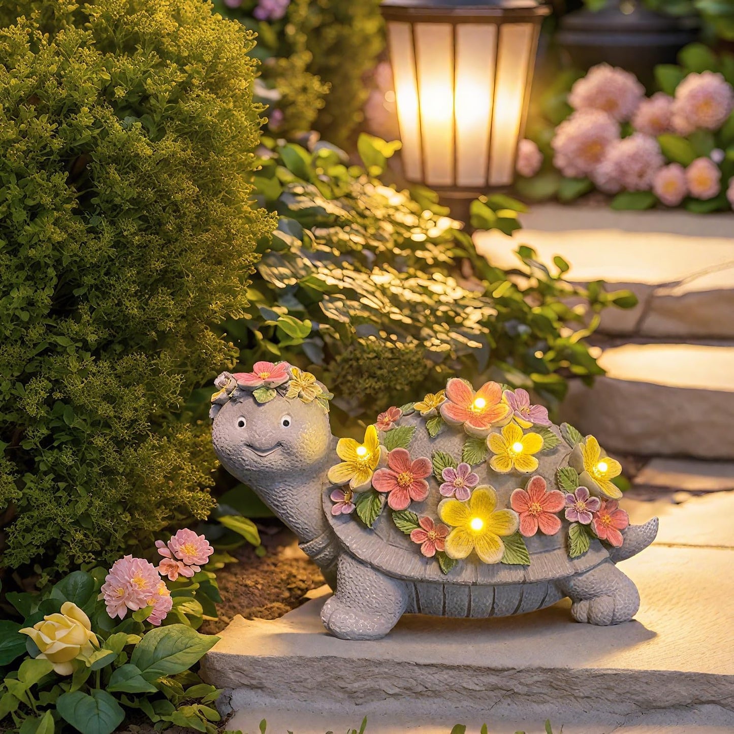 Solar Turtle Statues Garden Decor - Cute Turtle Figurine with Flowers Solar Lights, Tortoise Statue for Outdoor Yard, Lawn, Patio Decoration - Birthday Gifts for Mom Grandma Women