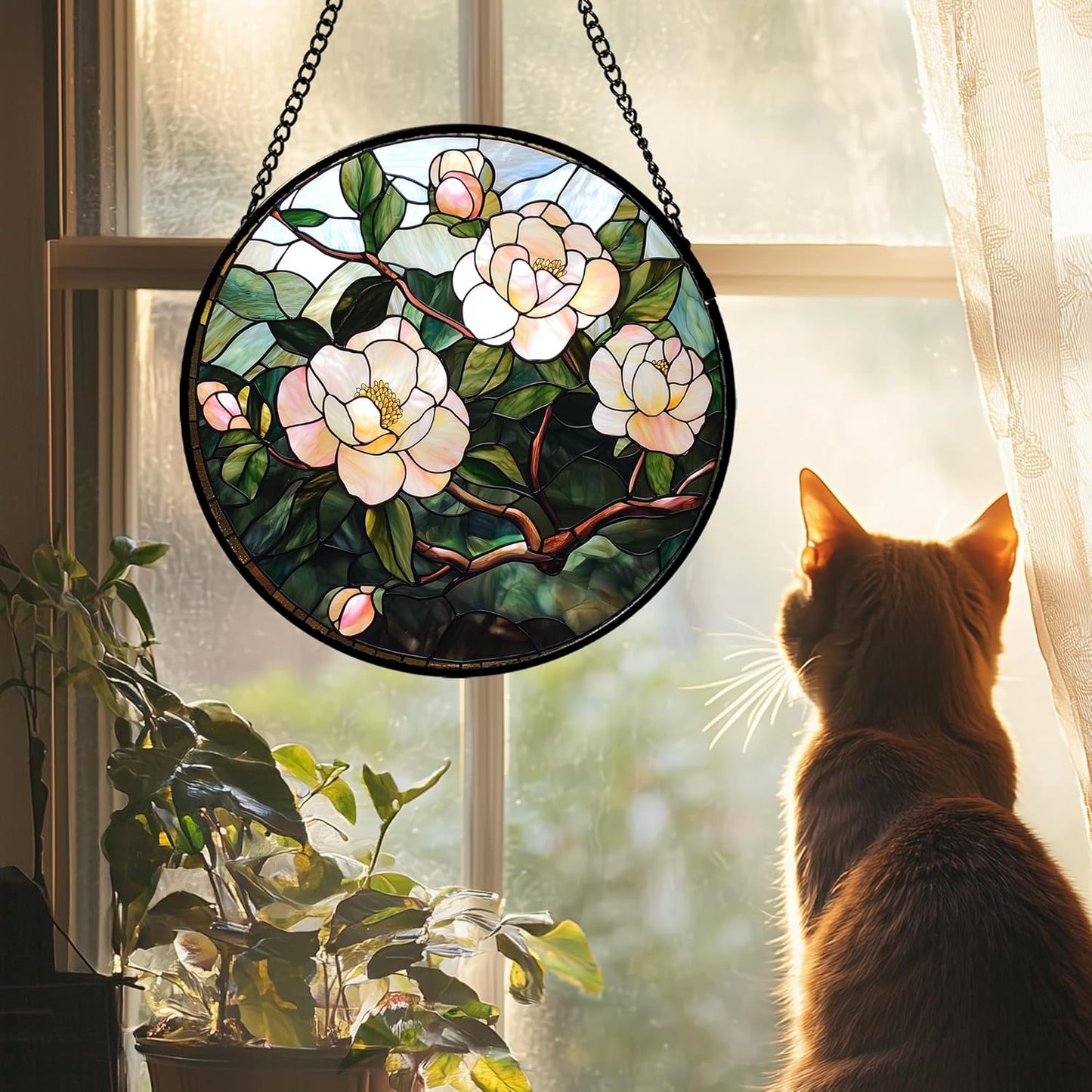 Stained Glass Suncatcher, Light Pink Flowers Green Leaf Sun Catcher Plant Stain Glass Window Hanging Decoration Mother's Day Birthday Gifts for Women Men Mom Nana 11.8 in