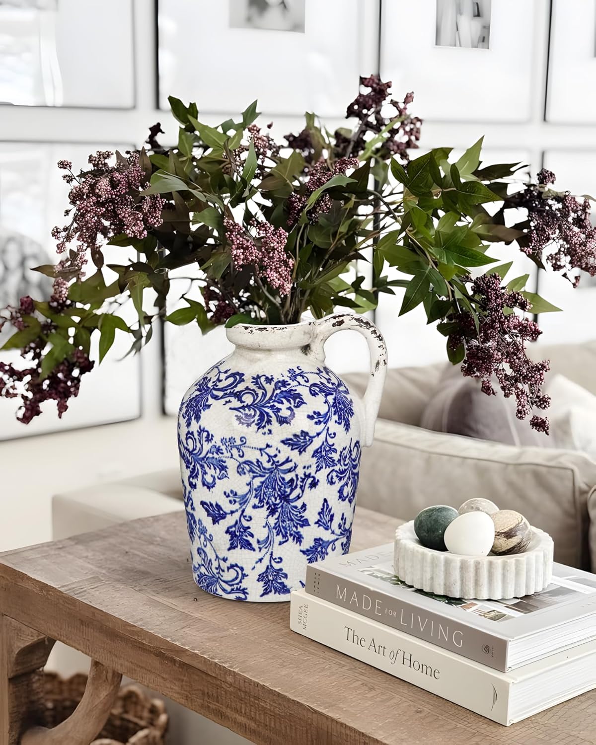 Ceramic Rustic Farmhouse Vase, 9 inch Ceramic Blue and White Vase for Centerpieces Pampas Grass Pottery Jug with Handle Boho Chinoiserie Decor Vintage Vases for Living Room Kitchen Dinner Table Shelf