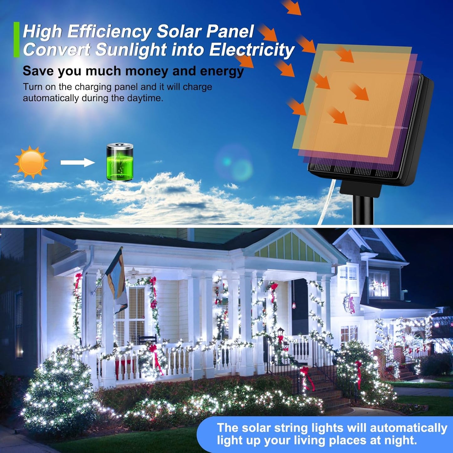 Brightever Solar Powered String Lights Outdoor Waterproof, 4-Pack Total 160FT 400 LED Solar Twinkle Lights with 8 Lighting Modes, Solar Fairy Lights for Fence, Balcony (Daylight White)