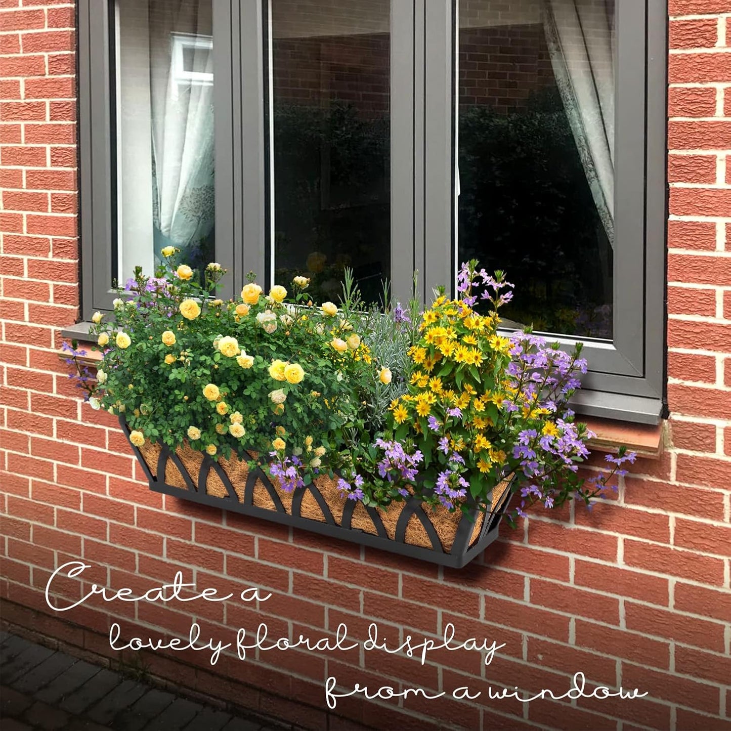 Window Box Railing, 24 Inch Black Metal Hanging Flower Planter Basket with Coco Liner for Outdoor Balcony Porch Fence Patio for Home, Office and Hotel (Black - 2 Pcs/Set)