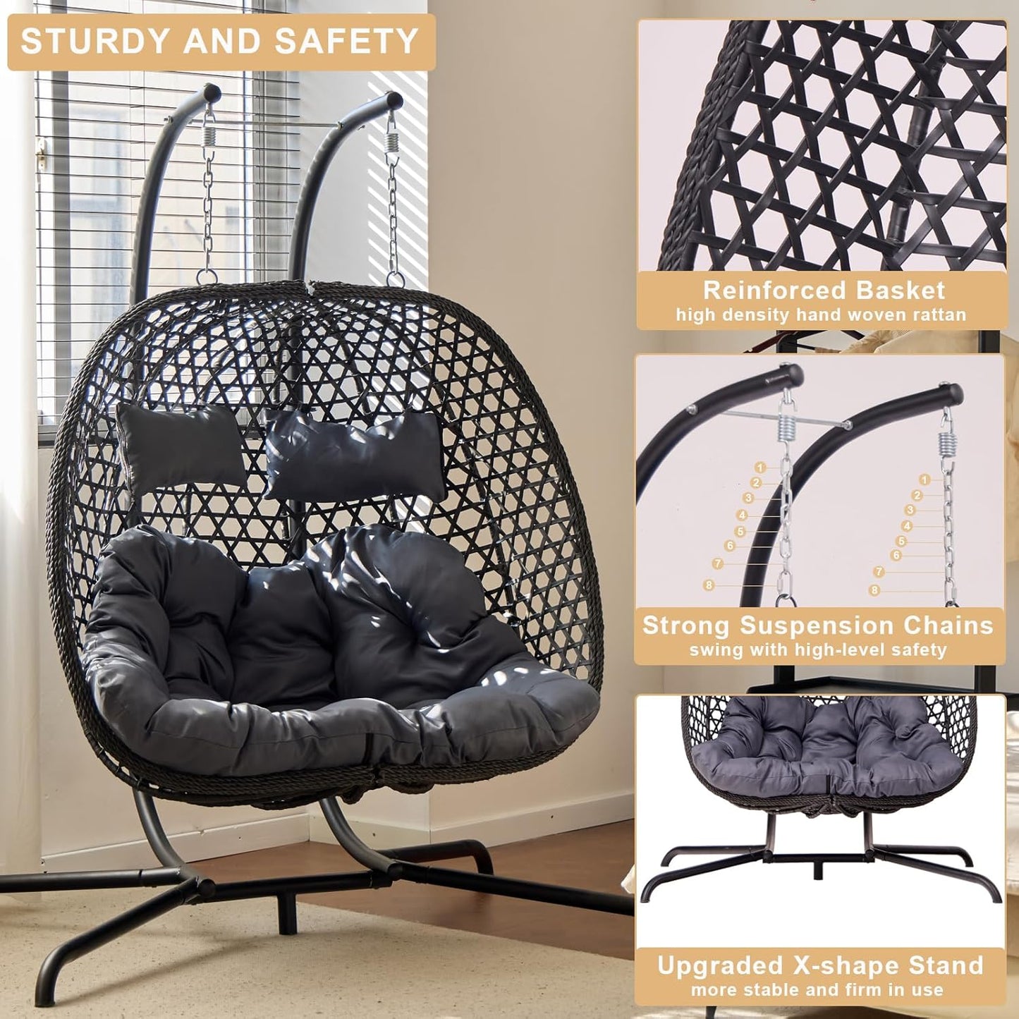 Double Hanging Swing Egg Chair with Stand, Hexagon Wicker Hammock Swing Chair for Outdoor Garden Patio, 2 Person Egg Chair with Foldable Loveseat Removable Cushions (Dark Grey)