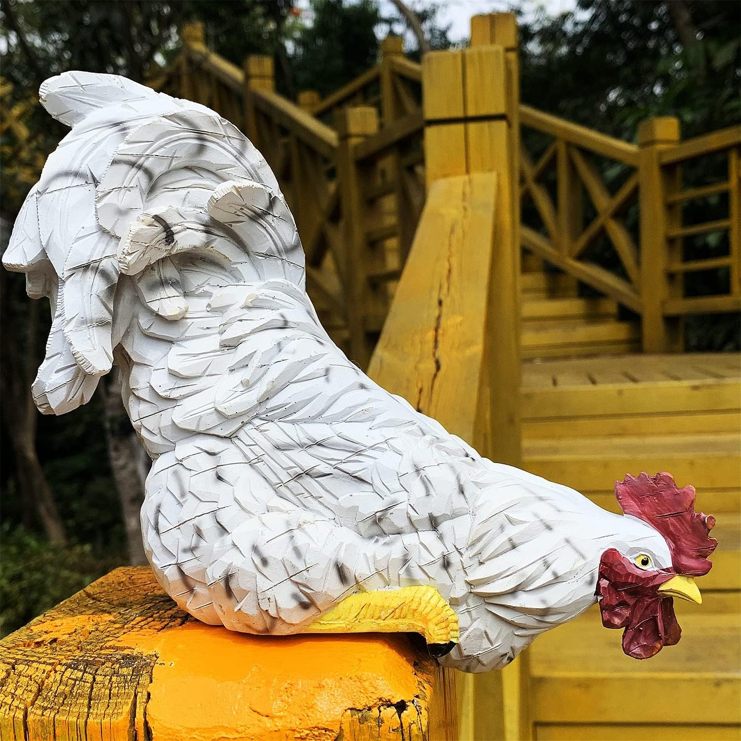 Garden Statues Cock Art Decoration Rooster Figurine Waterproof Chicken Sculpture Ornaments for Garden Yard Pathway Fence Porch Lawn (White)