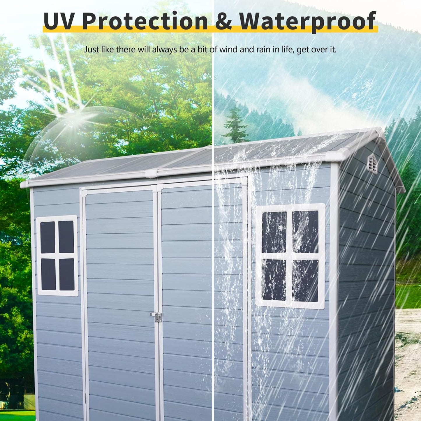 8x4 ft Outdoor Resin Storage Shed with Floor, Waterproof Plastic Garden Shed with Lockable Door and Two Windows, All-Weather Tool Sheds for Backyard, Patio, Lawn (Grey)