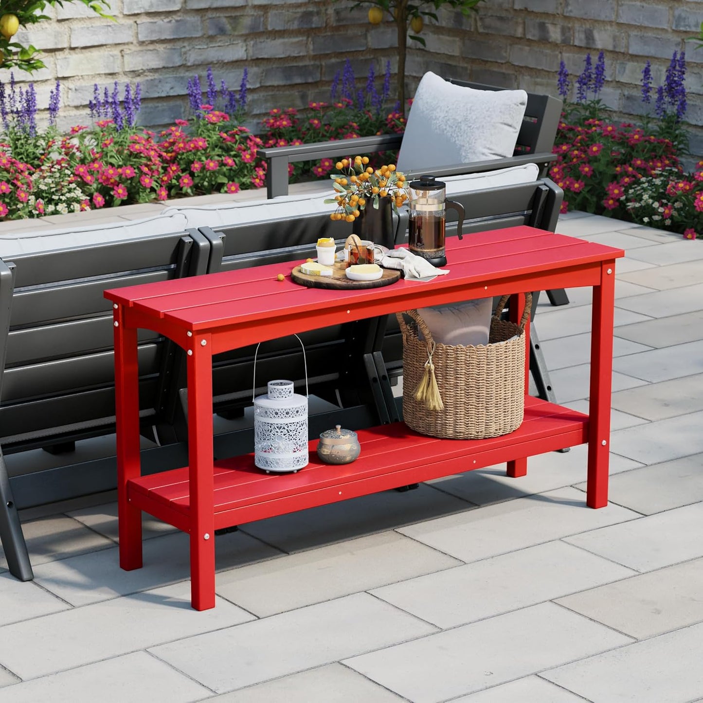 WestinTrends Malibu 55" Outdoor Patio HDPE Adirondack 2-Tier Shelf Console Table, Red