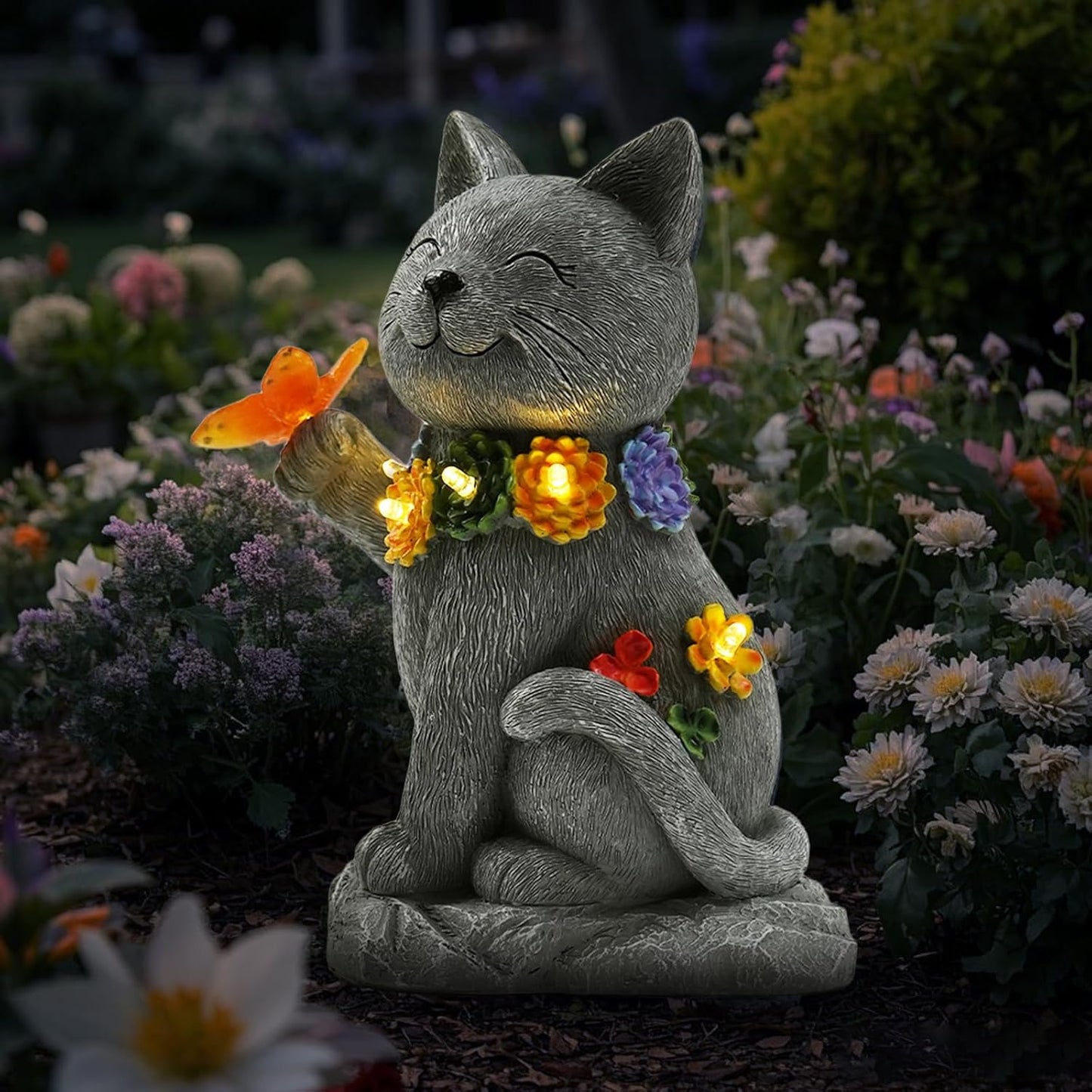 Outdoor Solar Cat Garden Statue - with LED Flower and Butterfly Statue Light, Suitable for Lawn Decor, Porch, Yard Decorations Outdoor, Birthday Gift for Women
