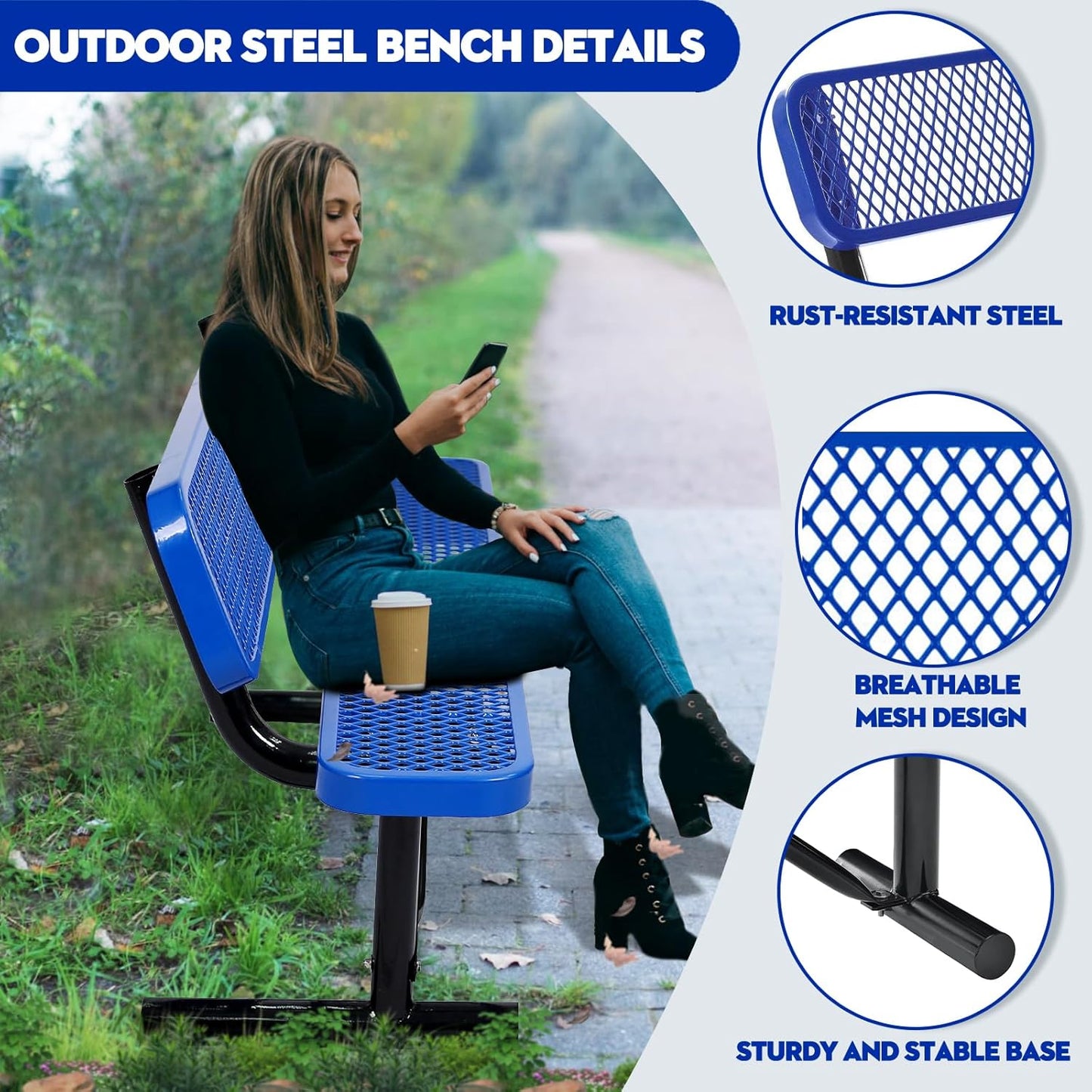 6Ft Outdoor Bench with Blue Portable Frame, Outdoor Steel Park Bench with Backrest, Expanded Metal Mesh Bench for Outside, Lawn, Backyard, Park, Deck, Garden, Patio, Porch, Blue