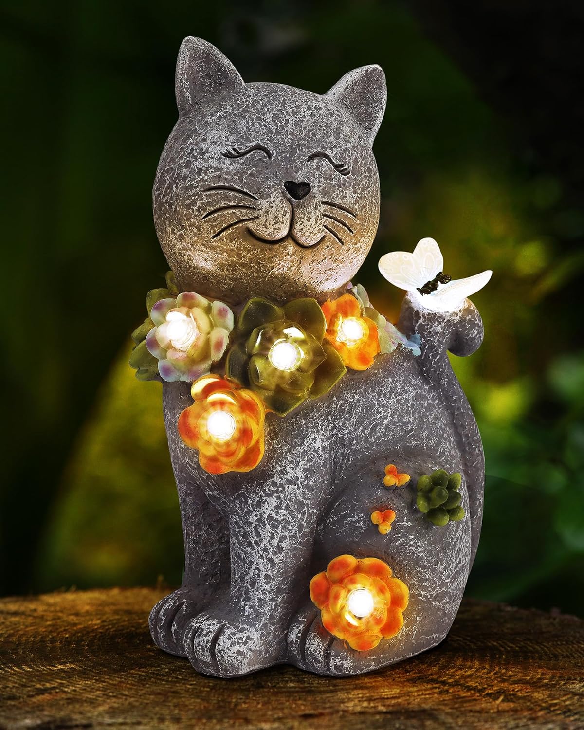 Solar Garden Statues Outdoor Decor, 6 LED Cat Flowers Butterfly Figurine Lights, Waterproof for Balcony Patio Porch Lawn Yard Ornament Art - Gift Ideas for Housewarming Gardening Grandma Women