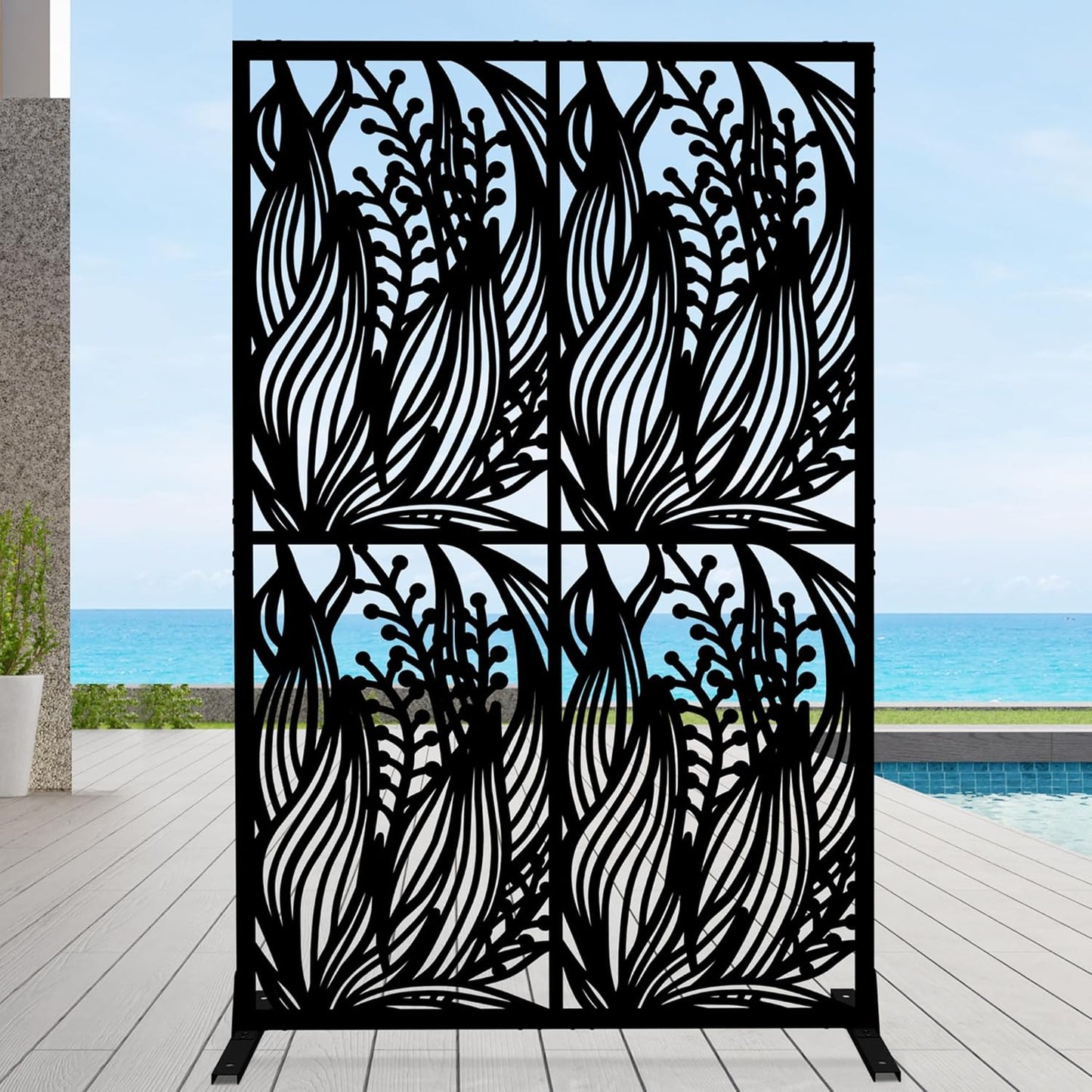 Metal Privacy Screen Outdoor W3.8Ft x H 6Ft Patio Privacy Panels Free Standing Divider Decorative for Balcony Garden Room Lawn Deck (1, Black Leaf)