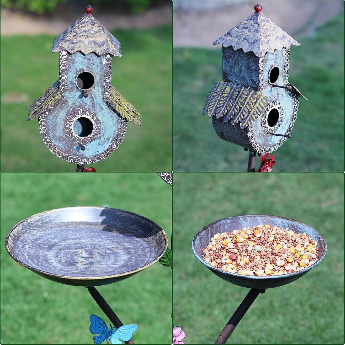 38" H Birdbaths for Outdoors,Metal Bird Feeder and Bird Houses for Outside,3-in-1,Garden Yard Decor