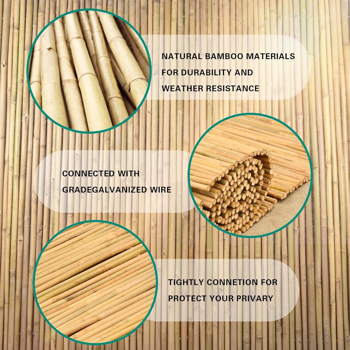 Natural Bamboo Fence 6ft H x 8ft L x 0.7In D, Eco-Friendly Privacy Fence for Outdoor Wall, Garden, Yard, Pool, Patio, Decorative Bamboo Fencing