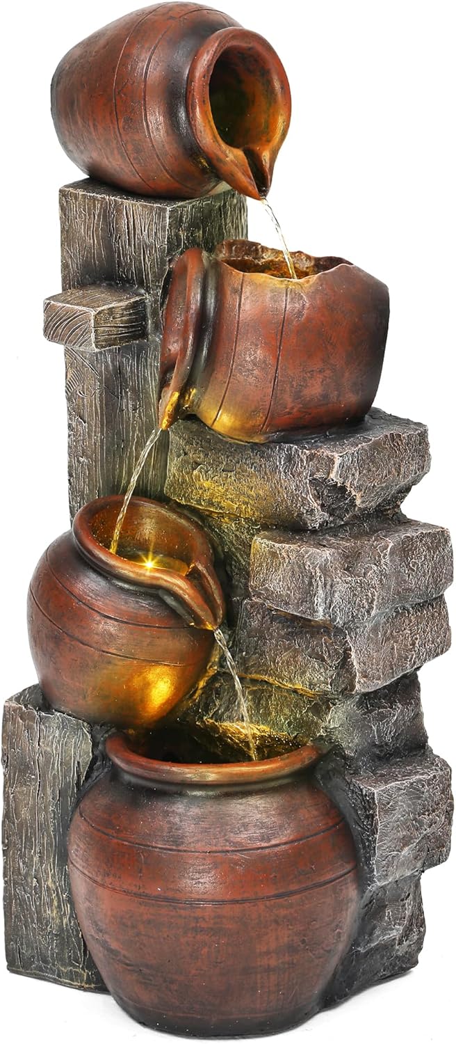 31.5" H Outdoor Water Fountain with LED Lights and Pump, Cascading Pitchers Farmhouse Garden Fountain Waterfall for Patio, Porch, or Yard