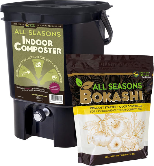 All Seasons Indoor Composter Starter Kit – 5 Gallon Black Compost Bin For Kitchen Countertop With Lid, Spigot & 1 Gallon (2 lbs.) Bag Of Dry Bokashi Bran – Made In USA by SCD Probiotics