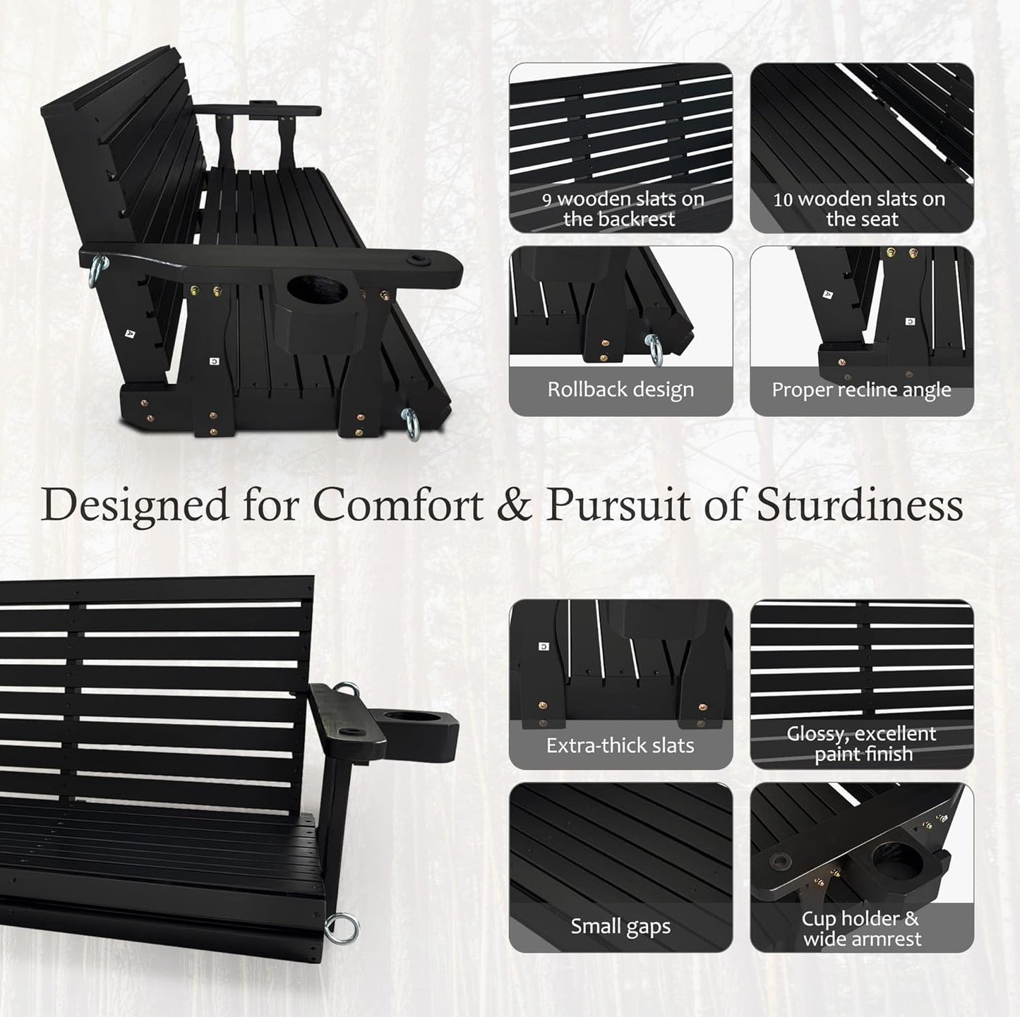 Wooden Porch Swing 3-Seater, High Backrest and Deep Seat, Bench Swing with Cupholders, Hanging Chains and 7mm Springs, Heavy Duty 880 LBS, for Outdoor Patio Garden (Carbon Black, 5 FT Extra Large)