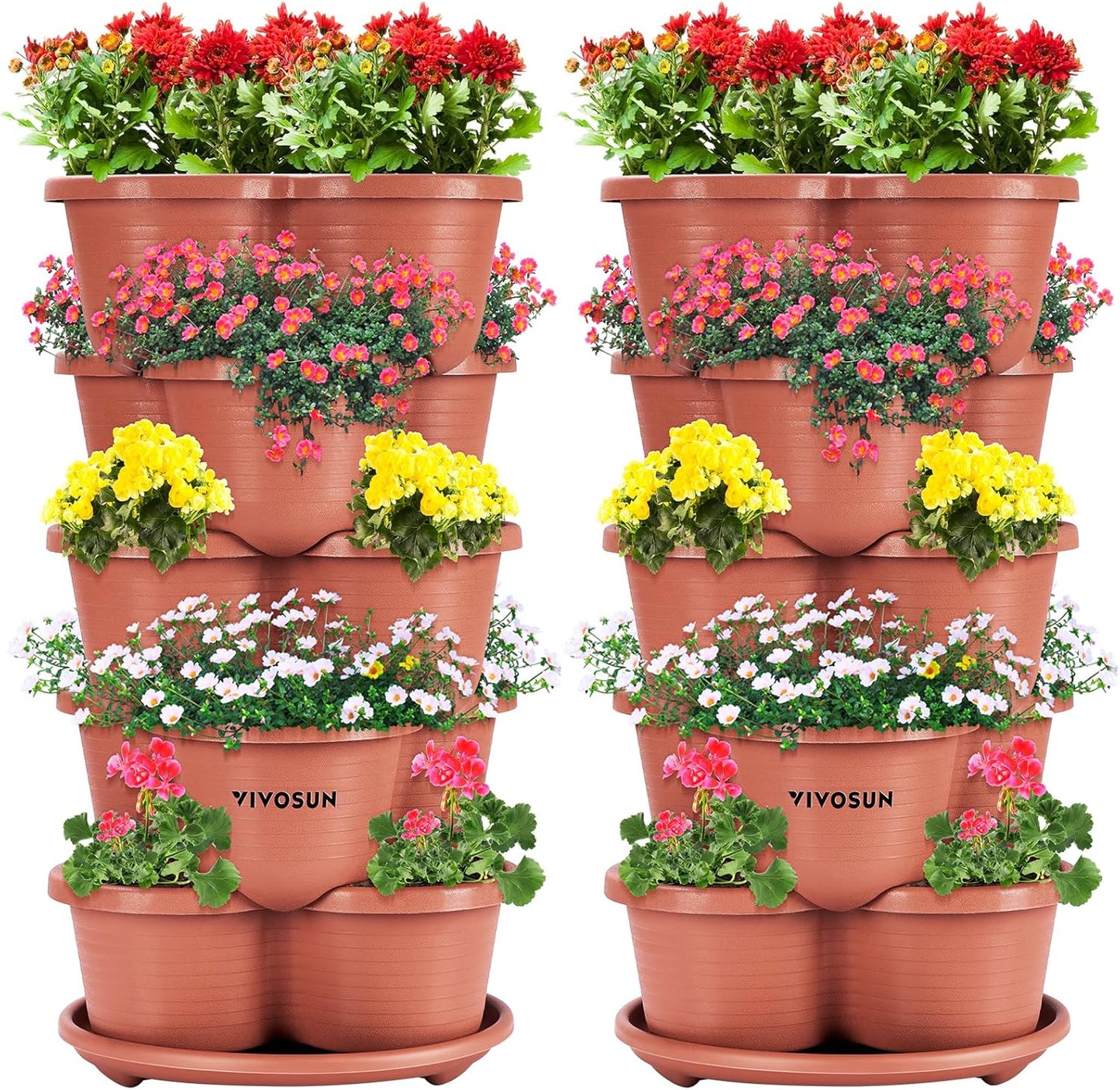 VIVOSUN 2-Pack 5 Tier Vertical Gardening Stackable Planter for Strawberries, Flowers, Herbs, Vegetables, Brown