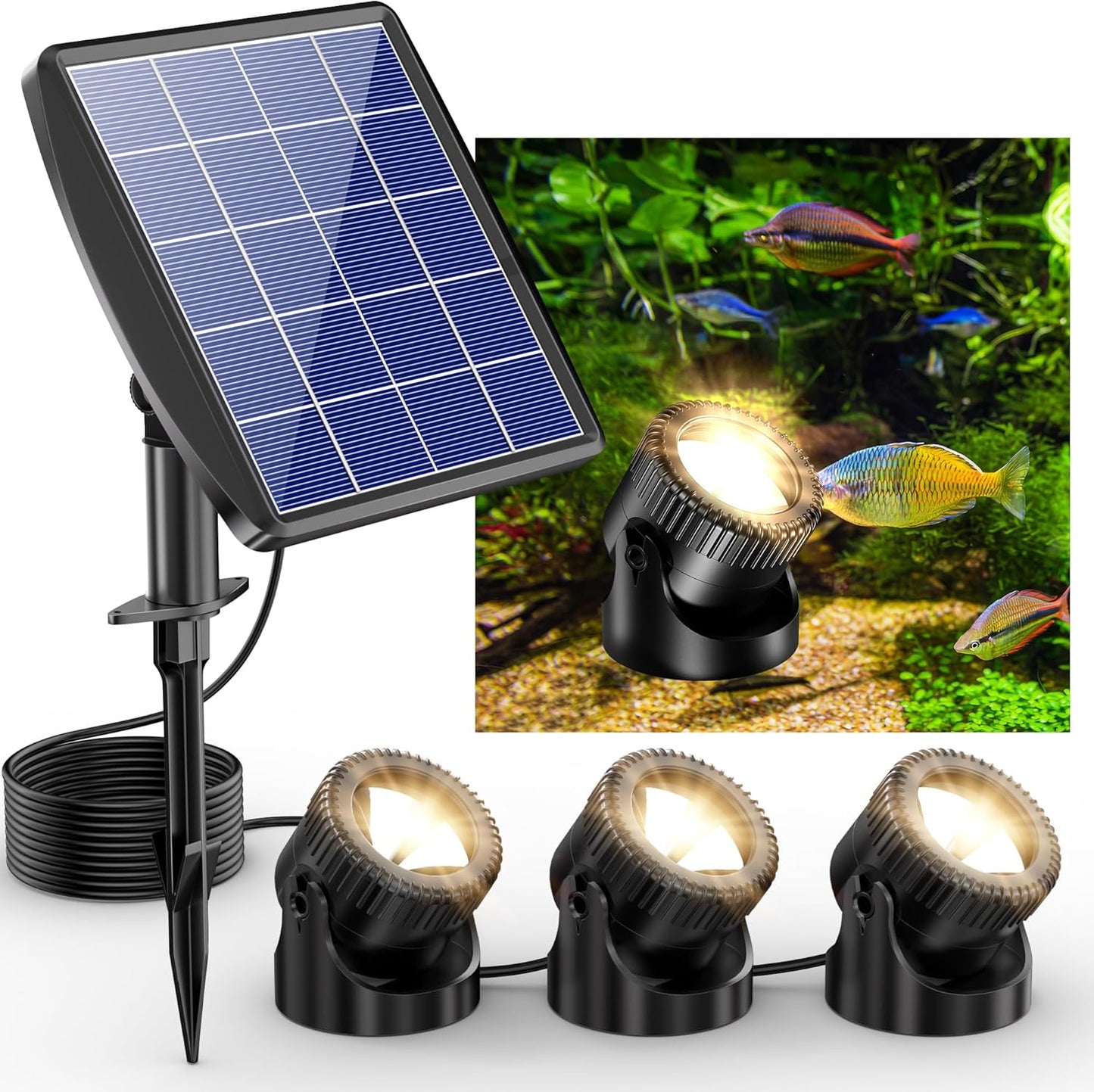 POPOSOAP Solar Pond Lights, 3-in-1 Warm White Underwater Pond Lights, IP68 Waterproof LED Landscape Spotlights for for Pond, Garden, Patio, Fountain, Pool, Waterfall Decoration(3 Head Lamp)