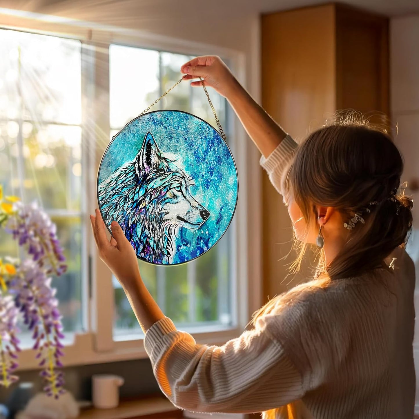 Stained Glass Window Hanging, Stained Glass Suncatcher, Wolf Sun Catcher, Window Hanging Decor, Wolf Lover Gift, Gifts for Fathers Day or Mathers Day, Christmas or Birthday Gift, Gifts for Women Men