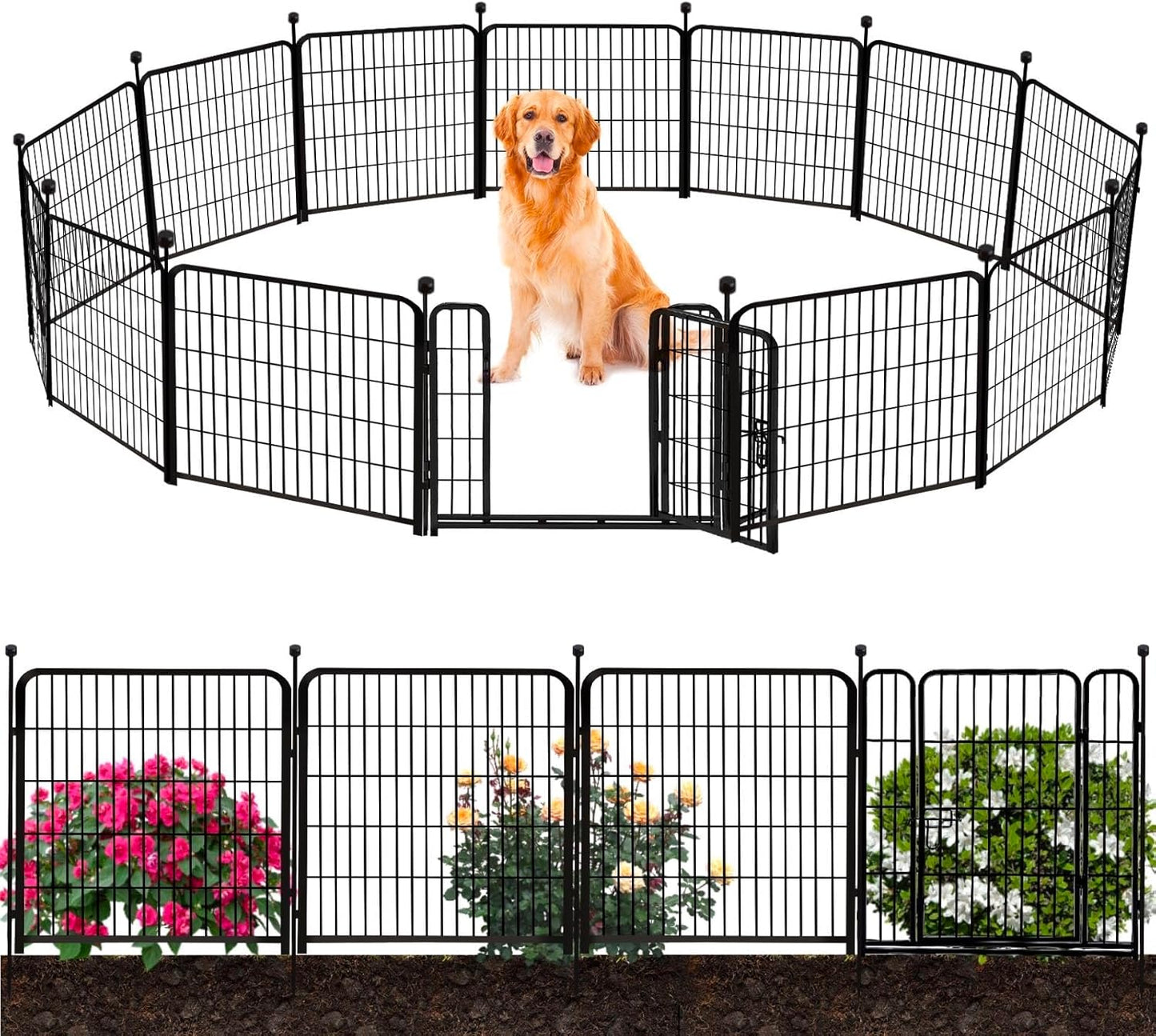 ADAVIN Tall Garden Fence Border with gate, 48 in(H) 12 Panels Total 26.6 Ft(L), Wide Door Low Threshold Fences, Black Iron Metal Heavy Duty Dog Fence Outdoor for Yard or Camping, Flower Bed Fencing
