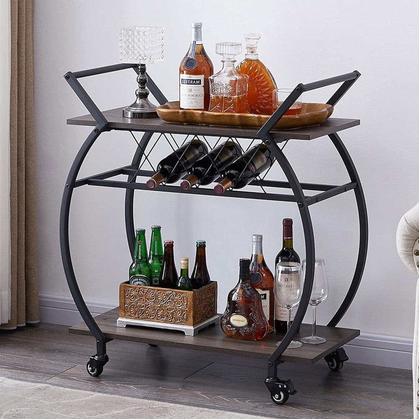 LVB Bar Cart with Wine Rack, 2 Tier Kitchen Cart on Wheels, Industrial Wood and Metal Portable Coffee Cart Table for Home, Rustic Modern Mobile Rustic Rolling Serving Cart with Shelves, Dark Oak