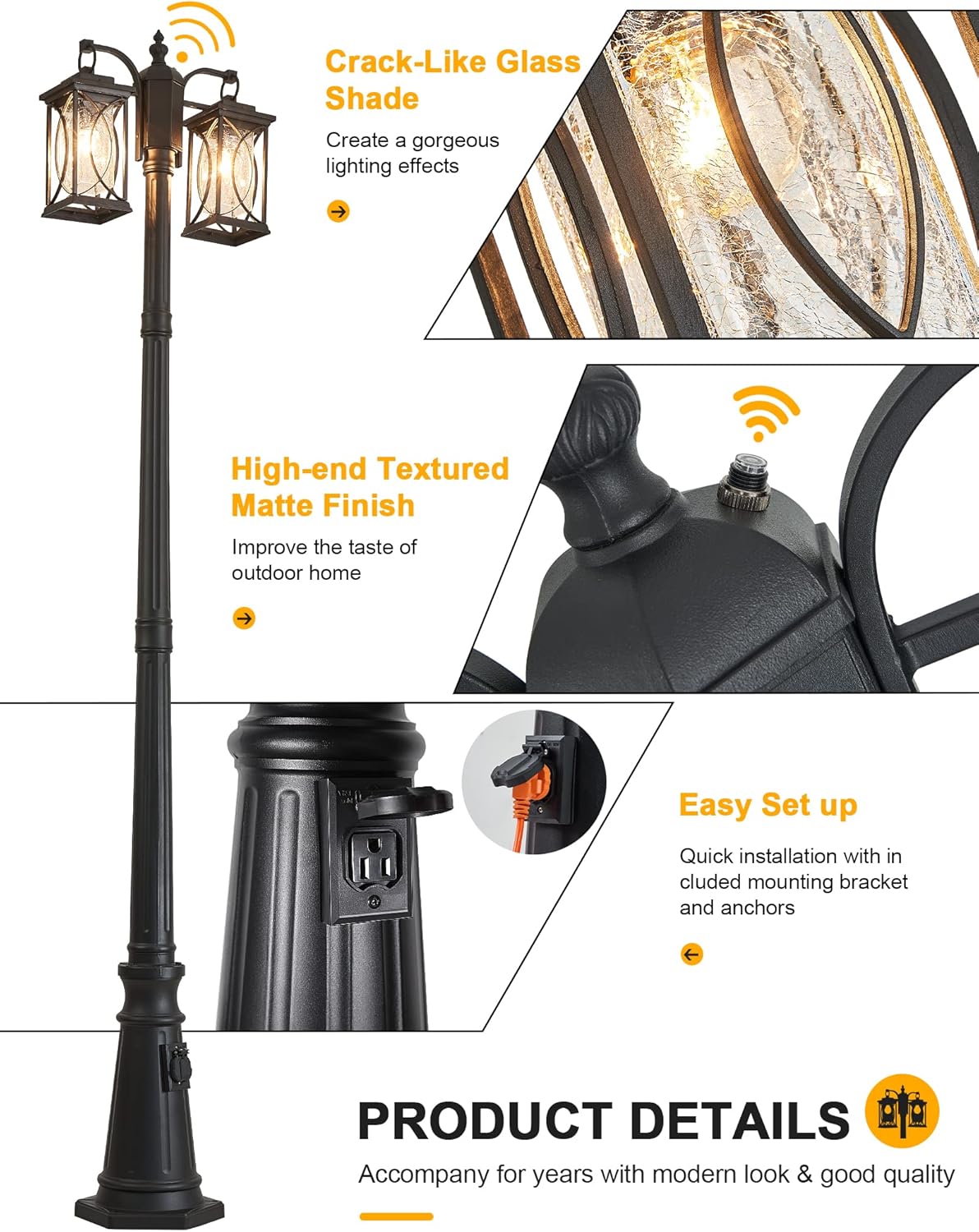 Dusk to Dawn Outdoor Lamp Post Light Modern 2-Head Street Pole Light Fixtures with Outlet, Waterproof Black Outside Street Light Electric Lantern for Backyard, Garden Patio Driveway